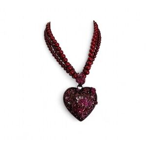 Betsey Johnson Burgundy Pearl Triple Strand Filigree Heart Locket Necklace BJ